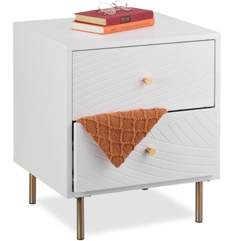 Relaxdays Nachttisch mit 2 Schubladen, Nachtschrank Schlafzimmer, Beistelltisch, Nachtkasten, HBT 52x45x40 cm, weiß/gold