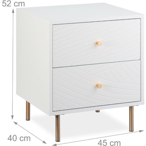 Relaxdays Nachttisch mit 2 Schubladen, Nachtschrank Schlafzimmer, Beistelltisch, Nachtkasten, HBT 52x45x40 cm, weiß/gold