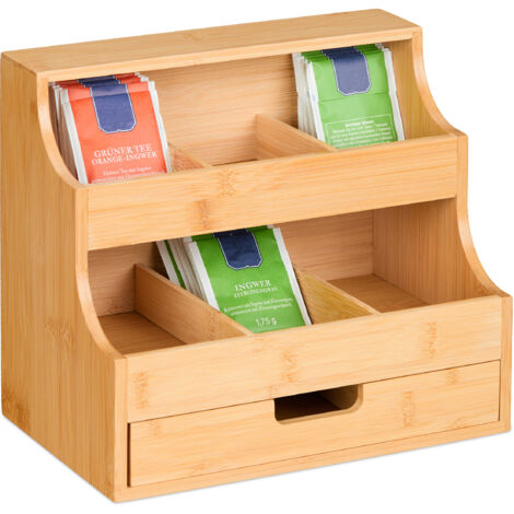 Teebeutel-Organizer Aus Akazienholz – 8 Fächer, Mit Schublade & Tablett, Aufbewahrungsbox Für Küche