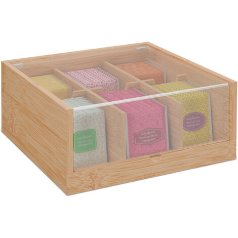 Relaxdays Teebox, 6 Fcher, Teebeutel Aufbewahrung, Bambus, Teekiste mit  Sichtfenster, HBT: 9,5 x 22 x 21,5 cm, natur