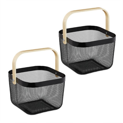 Relaxdays Drahtkorb mit Henkel, 2er Set, Metall, Bambus, HxBxT: 17,5 x 26 x 24,5 cm, eckiger Aufbewahrungskorb, schwarz