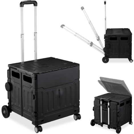 Relaxdays Einkaufstrolley, klappbar, Einkaufskorb mit Rollen, Deckel & neigbarem Teleskopgriff, bis 50 kg, schwarz