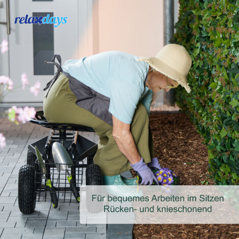 Relaxdays fahrbarer Gartensitz, höhenverstellbar, 150 kg, Stauraum