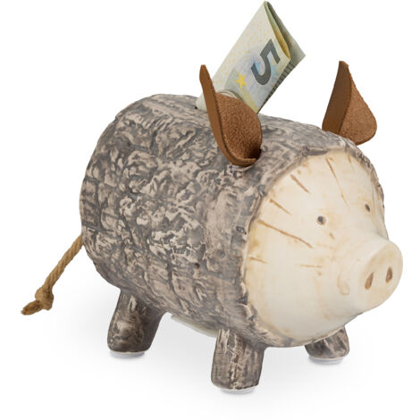 Relaxdays Sparschwein Baumrinde, mit Öffnung, Dolomit, Spardose Kinder & Erwachsene, HxBxT: 13 x 9 x 16,5 cm, braun/weiß