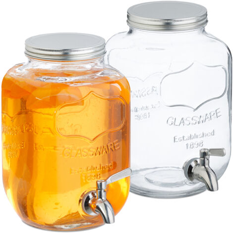 Relaxdays Getränkespender im 2er Set, Limobehälter 4L, Zapfhahn und Deckel, Wasserspender, Glas & Edelstahl, transparent (1/5)