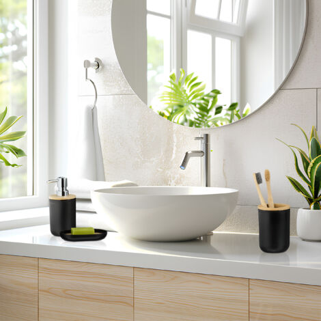 Relaxdays Badezimmer Set 6-teilig - Kunststoff & Bambus In Schwarz/Natur