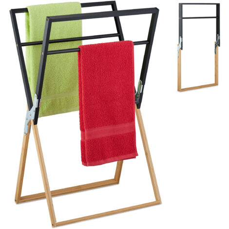 Produktbild von Relaxdays Handtuchhalter Stehend, X-Design, 2 Ablagen, Handtuchständer Bad, HBT: 93 X 46 X 20 Cm Bambus Stahl Natur 49826755