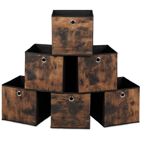 Relaxdays Aufbewahrungsbox, 6er Set, HxBxT: 26x26x26 cm, Stoff, Holzoptik, Griffloch, faltbare Regalboxen, schwarz/braun