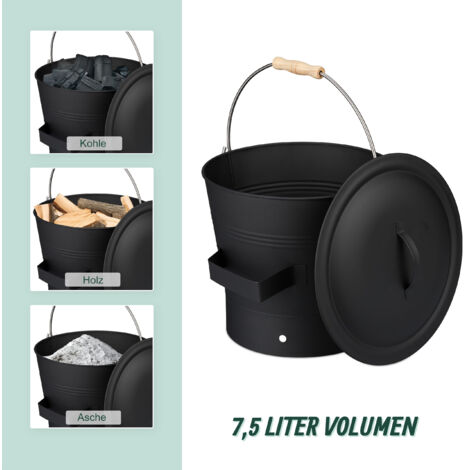 Relaxdays Ascheeimer mit Deckel und Kehrset, 7,5 L, inkl. Aschebesen