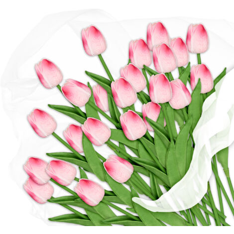 Relaxdays künstliche Tulpen, 24 Kunstblumen wie echt, dekorative Kunsttulpen aus Kunststoff, ca. 33,5 cm lang rosa/grün