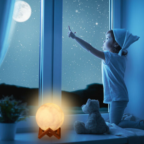 Relaxdays Mondlampe 3D, 2 Farben, dimmbar, Touch Sensor, kabellos, mit Ständer, für Kinder, Mondleuchte LED, 15 cm, weiß