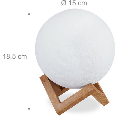Relaxdays Mondlampe 3D, 2 Farben, dimmbar, Touch Sensor, kabellos, mit Ständer, für Kinder, Mondleuchte LED, 15 cm, weiß