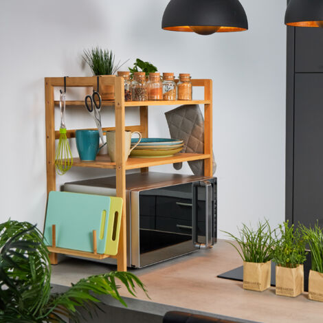 Relaxdays Mikrowellen Regal, HxBxT: 67 x 61 x 35 cm, Bambus, 2 Ebenen,  Bretthalter, 4 Haken, Kchenregal stehend, natur
