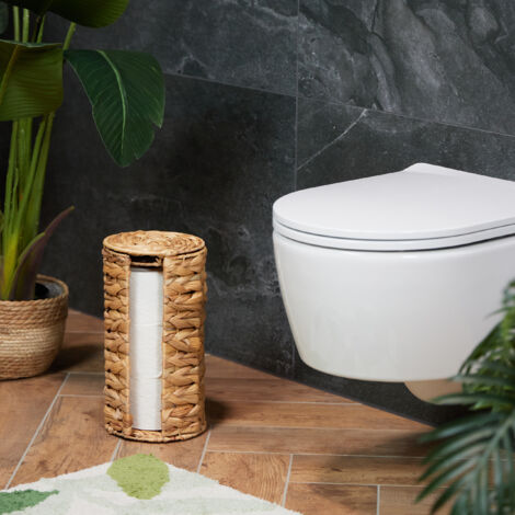 Relaxdays Toilettenpapier Halter Für 3 Rollen - Metall Mit Bambusdeckel, 53.5x14.5cm, Weiß/natur