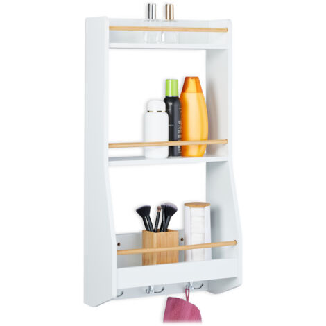 Relaxdays Wandregal, HxBxT: 75 x 38,5 x 17,5 cm, 6 Haken, schmales  Schweberegal, Kche & Bad, MDF, Bambus, wei/natur