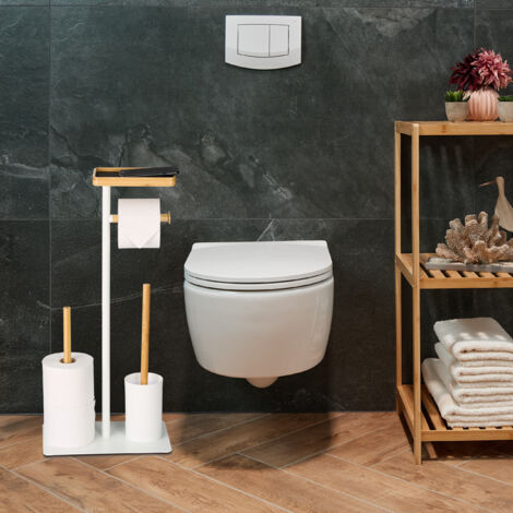 Relaxdays WC Garnitur Aus Bambus & Edelstahl - Freistehender Klopapierhalter Mit Toilettenbürste