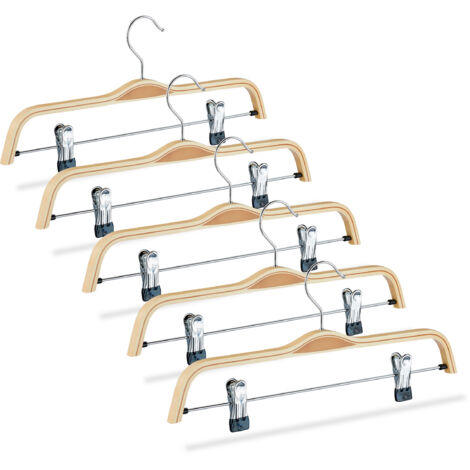 10 x Hosenbügel Holz, verstellbare & gummierte Clips, 360° drehbarer Haken, Kleiderbügel, 37cm breit, Klemmbügel, natur (1/5)