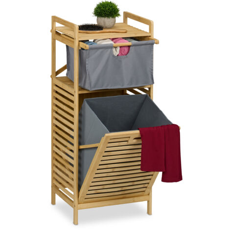 Relaxdays Wäschekorb, kippbarer Wäschesammler, 30 Liter, Ablage & Schublade, Bambus, Stoff, HBT: 95x40x33 cm, natur/grau