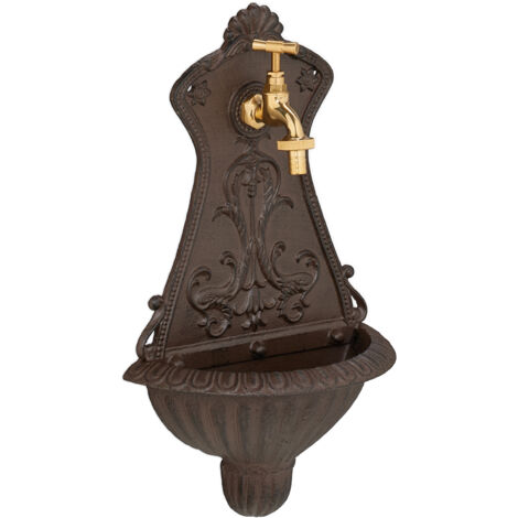 Relaxdays Wandbrunnen, nostalgischer Gartenbrunnen, Waschbecken & Wasserhahn, HBT: 42 x 24,5 x 11,5 cm, Gusseisen, braun (1/5)