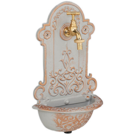 Relaxdays Wandbrunnen, nostalgisch, Waschbecken & Wasserhahn, Gartenbrunnen HBT 36 x 22 x 10,5 cm, Gusseisen, gold/grau