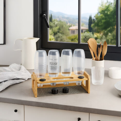 Relaxdays Flaschenhalter Für Sodastream-Flaschen – 4er Abtropfständer Aus Bambus Mit Silikonmatte, Natur/Grau
