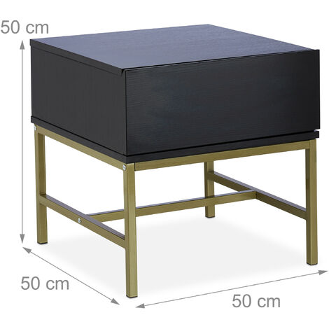 Relaxdays Nachttisch schwarz, quadratischer Beistelltisch m. Schublade, Holz, goldenes Metallgestell, 50x50x50 cm, black