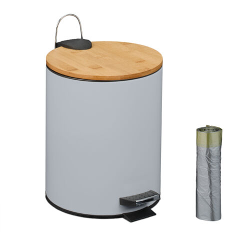Relaxdays Kosmetikeimer 5 L, Absenkautomatik, Inneneimer entnehmbar, Badmülleimer, Metall, Bambus, mit Müllbeuteln, grau