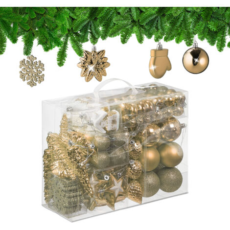 Relaxdays Weihnachtskugeln 100er Set, glitzernd, matt & glänzend, Baumschmuck, Kunststoff, versch. Designs, champagner