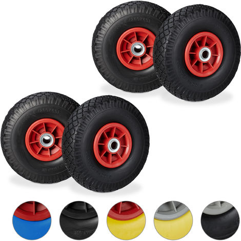 4 x Sackkarrenrad, pannensichere Vollgummireifen, 3.00-4 Zoll, 20mm Achse, bis 80 kg, Ersatzrad 260x85mm, schwarz-rot
