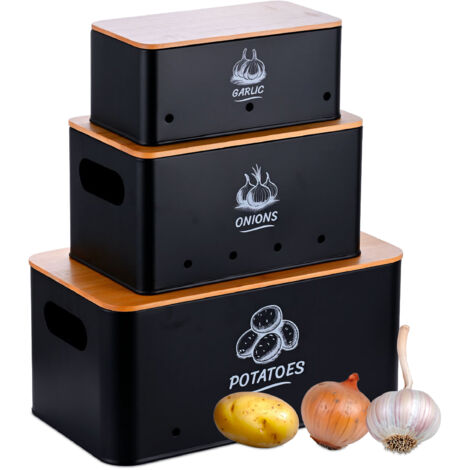 Relaxdays Aufbewahrungsbox 3er Set, Kartoffeln Zwiebeln Knoblauch, Gemüsebox Deckel, Vorratsdose Küche, Metall, schwarz (1/5)