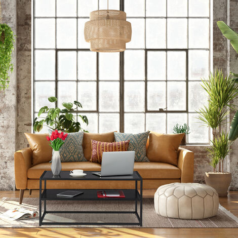 Relaxdays Couchtisch Glas, 2 Ablagen, Metall & Glasplatte, Sofatisch für Wohnzimmer, HxBxT: ca. 42 x 90 x 50 cm, schwarz