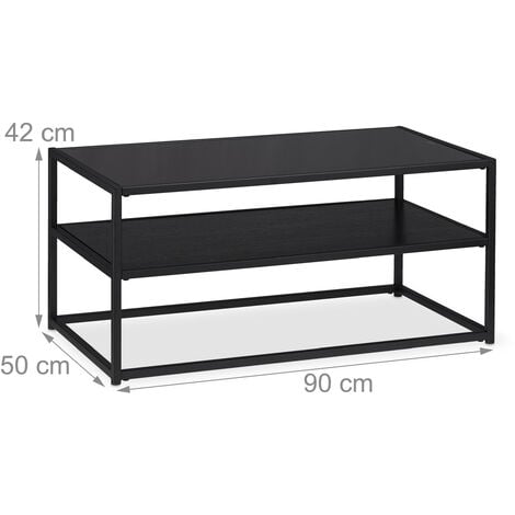 Relaxdays Couchtisch Glas, 2 Ablagen, Metall & Glasplatte, Sofatisch für Wohnzimmer, HxBxT: ca. 42 x 90 x 50 cm, schwarz