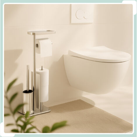 Relaxdays WC-Garnitur, Edelstahl, Ablage & Rollenhalter, freistehend, HBT: 75x22x20 cm, Toilettenbutler, silber/schwarz (1/5)