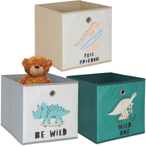 Relaxdays 3er Set, Kinder Aufbewahrungsboxen, süße Dino-Motive, Faltbox für Würfelregale, HBT: 30x30x30 cm, Textil, bunt (1/5)