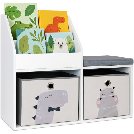 Relaxdays Kinderbank mit Stauraum, HBT: 72 x 79 x 31 cm, 2 Faltboxen Tiermotive, Bücherregal, Sitzpolster, weiß/grau
