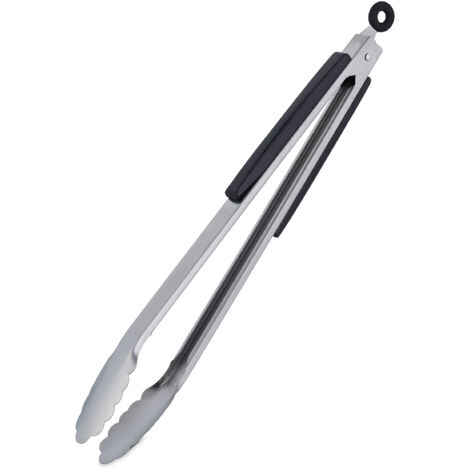 10 x Grillzange, Edelstahl, Holzgriff, lange Kochzange für Grill & Küche, 38cm, Bratzange mit Öse, silber/schwarz im Set