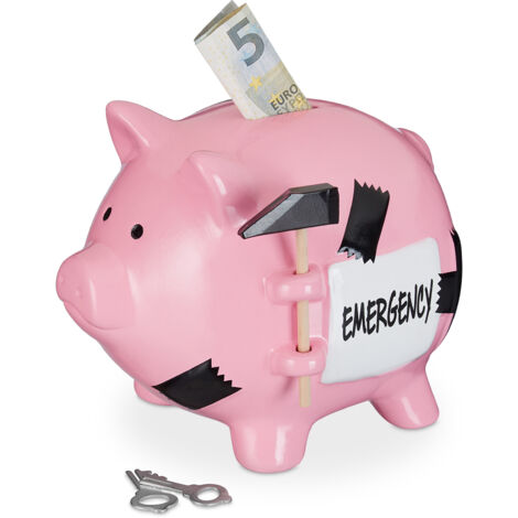 2 x Sparschwein mit Hammer, Emergency Aufschrift, abschließbare Spardose, Keramik, HBT: 14,5 x 15,5 x 20 cm, rosa