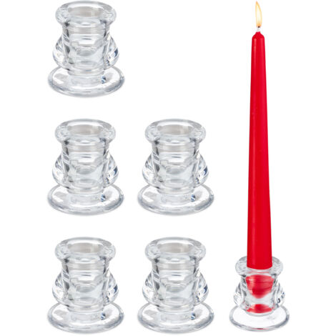 12 x Stabkerzenhalter Glas, geschwungene Kerzenständer für Stabkerzen, H x D: 5,5 x 5,5 cm, transparent, im Set