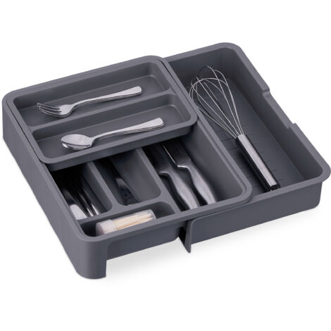 2 x Besteckkasten ausziehbar, HxBxT: 6,5 x 23,5-40 x 31,5 cm, 7 Fächer, Kunststoff, Schubladeneinsatz, dunkelgrau