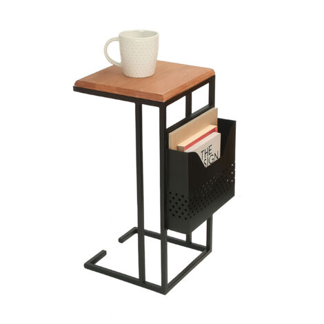 Relaxdays Beistelltisch mit Zeitungsablage, HBT: 63x30x37 cm, Holz, Metall, C-Form, Industrial Sofatisch, braun/schwarz