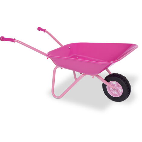 Relaxdays Schubkarre Kinder, rutschfeste Griffe, HBT: 43x74x36 cm, Metall, Kunststoff, Kinder-Scheibtruhe, rosa/schwarz
