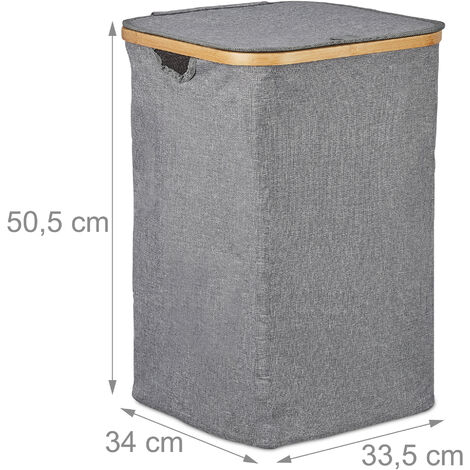 Relaxdays Wäschekorb mit Deckel, faltbarer Wäschesack, Bambus & Stoff, quadratische Wäschetonne, tragbar, 42 Liter, grau