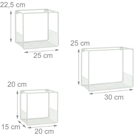 Relaxdays Wandregal im 3er Set, für Wohnzimmer, modernes Gitter-Design, Cube, eckiges Wandboard, Metall, 15cm tief, weiß