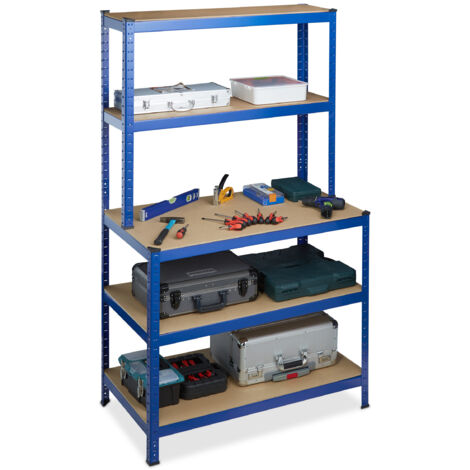 2 x Schwerlastregal, mit Werkbank, Traglast 900 kg, 5 Ebenen, zum Stecken, Keller, HxBxT 180x100x60 cm, Stahl, MDF, blau