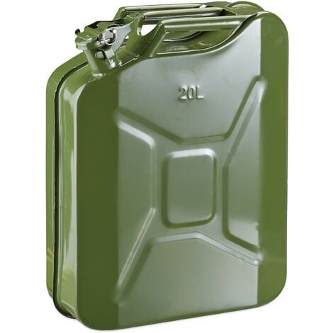 Relaxdays Benzinkanister 20 Liter, Reservekanister Benzin & Diesel,  auslaufsicher, Tragegriff, Kanister Metall, olivgrün