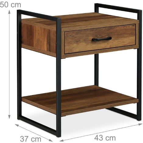 Relaxdays Nachttisch, Schublade, Industrial, Beistelltisch Wohn- & Schlafzimmer, Metall, 50x43x37 cm, Holzoptik/schwarz