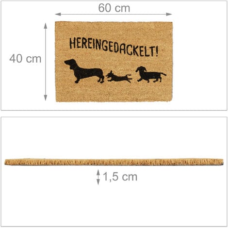 Relaxdays Fußmatte Kokos "Hereingedackelt", Kokosmatte Hundemotiv, Türmatte Innen & Außen, Türvorleger 40x60 cm, natur