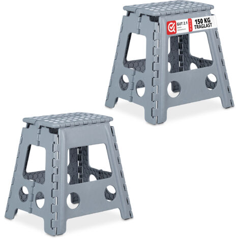 Relaxdays Klapphocker faltbar, 2er Set, Camping Hocker, großer Badhocker, bis 150 kg, Kunststoff, HBT: 39x39x32 cm, grau