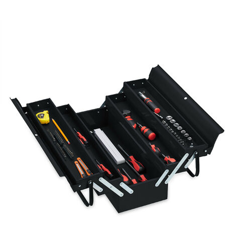 Relaxdays Werkzeugkoffer leer, 5 Fächer, mit Tragegriff, Metall, abschließbar, Werkzeugkasten, HBT 21x53x20 cm, schwarz