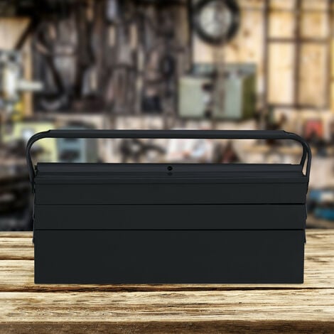 Relaxdays Werkzeugkoffer leer, 5 Fächer, mit Tragegriff, Metall, abschließbar, Werkzeugkasten, HBT 21x53x20 cm, schwarz